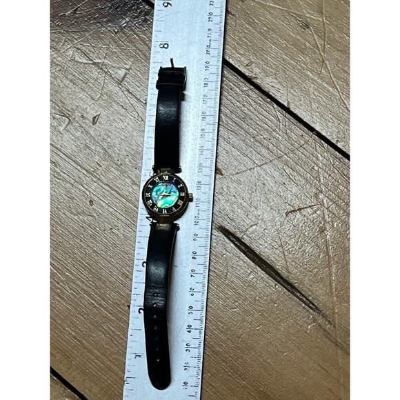 Women's GITANO Gold Tone Abalone Shell Dial Watch, Black Band. Roman numerals - Picture 8 of 9